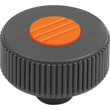 Kipp Knurled Knob Size:2, D1=50D=8 , Form:H, Thermoplastic Black Ral7021, Comp:Steel, Cap:Orange Ral 2004 K0260.42081